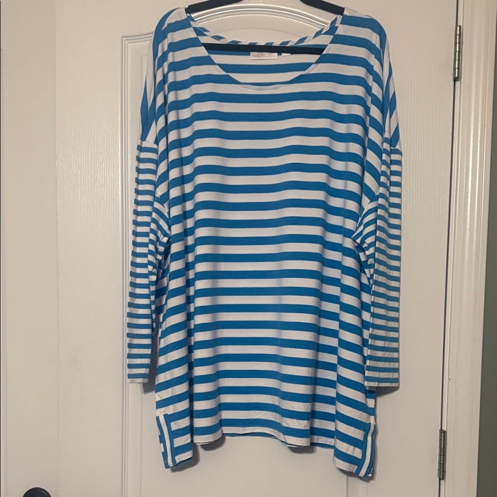 Belle by Kim Gravel Blue and White Striped Long Sleeve Top Size 4X